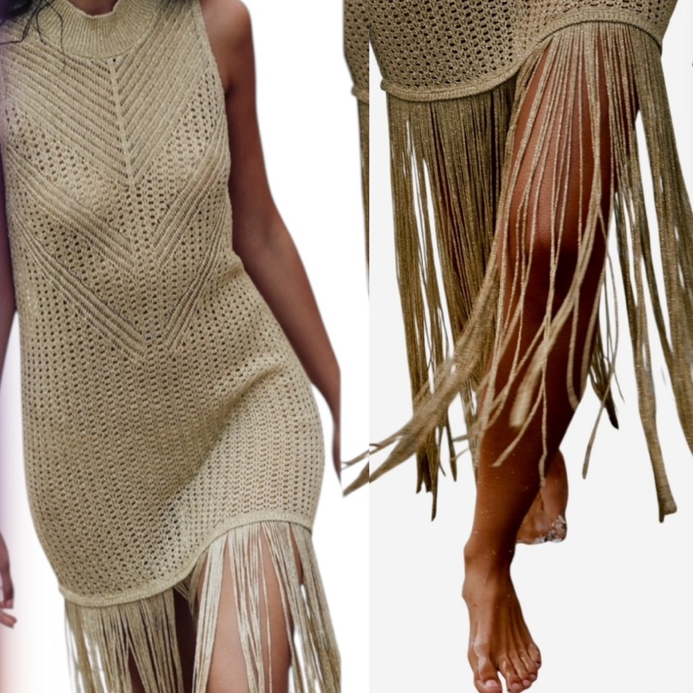 Zara NEW Long Knit Fringe Dress Tunic  Metallic Thread BLOGGER FAVE Size Medium - Picture 9 of 9